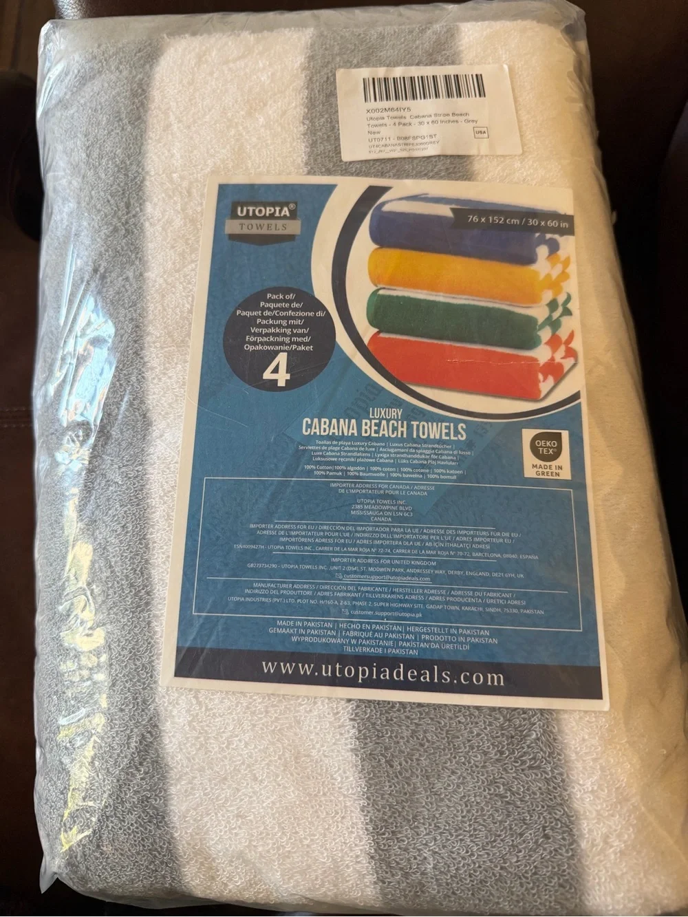 New Utopia Towels Cabana Beach Towels, 4 Pack, 30x60 in, Cotton, Striped, Grey